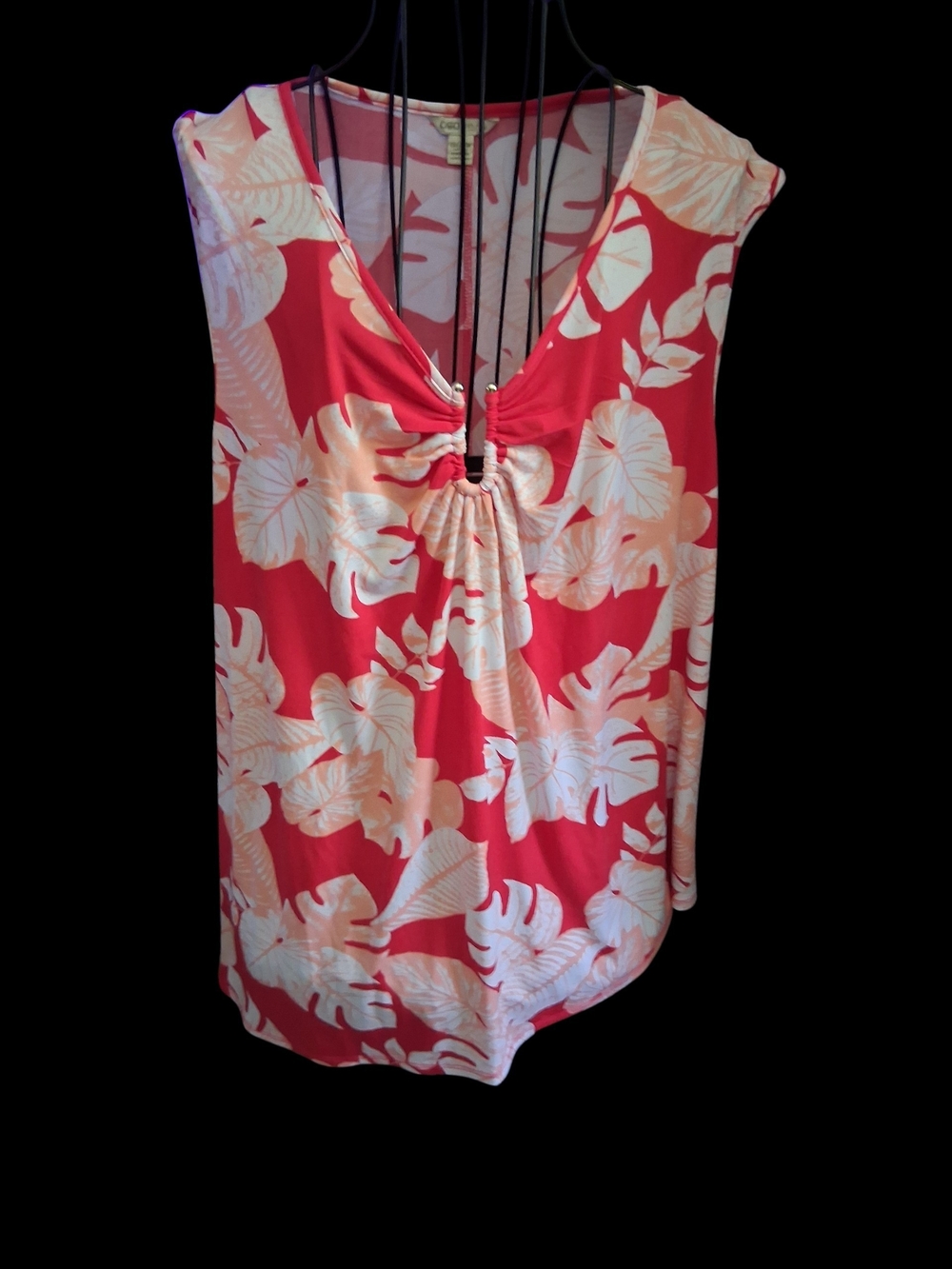 Cato Coral and Cream Tropical V-Neck Sleep Top